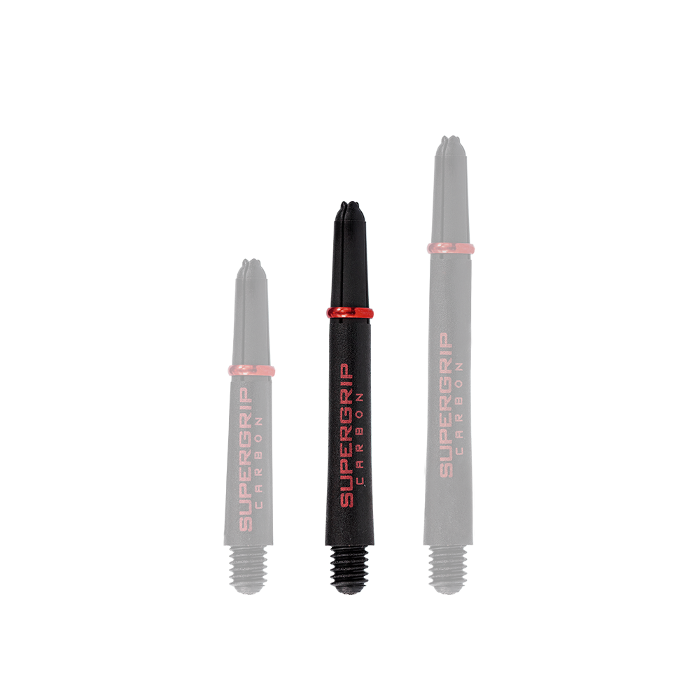 Das Bild zeigt drei Harrows Supergrip Carbon Shafts in Rot, die in unterschiedlichen Längen angeordnet sind. Die schwarzen Dartschäfte haben rote Akzente und die Aufschrift "Supergrip Carbon" in roter Farbe.